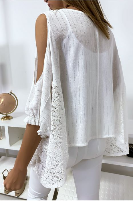 Blouse blanche épaules dénudé avec dentelle et fil argenté - 5
