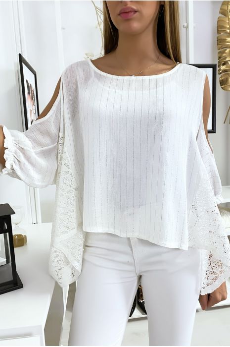 Blouse blanche épaules dénudé avec dentelle et fil argenté - 3