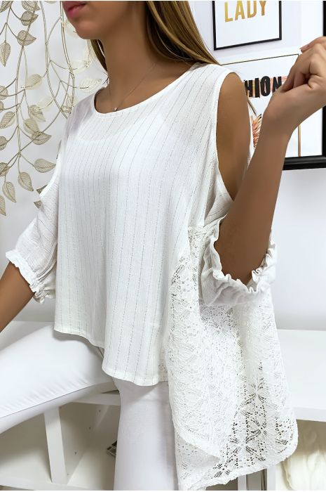 Blouse blanche épaules dénudé avec dentelle et fil argenté - 4