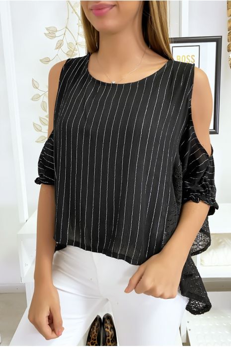 Blouse noir épaules dénudé avec dentelle et fil argenté - 1