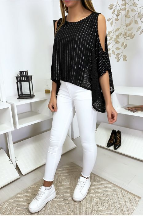 Blouse noir épaules dénudé avec dentelle et fil argenté - 5