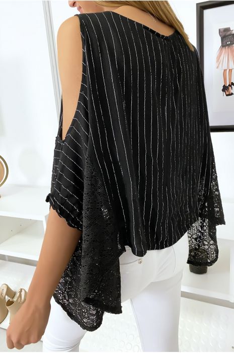 Blouse noir épaules dénudé avec dentelle et fil argenté - 4