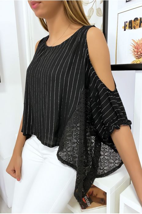 Blouse noir épaules dénudé avec dentelle et fil argenté - 3