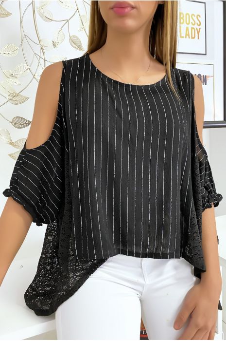 Blouse noir épaules dénudé avec dentelle et fil argenté - 2