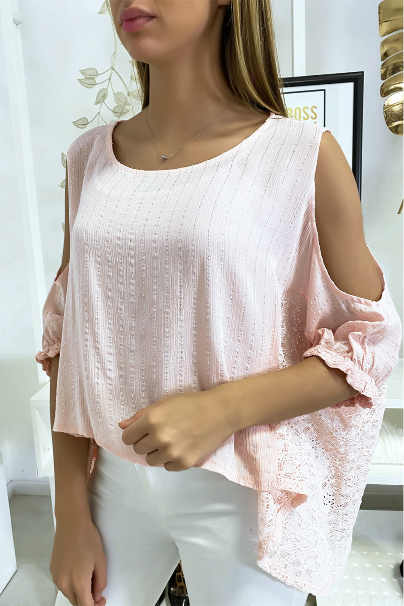 Pink blouse off the shoulders with lace and silver thread - 1