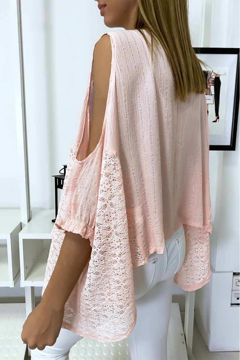 Pink blouse off the shoulders with lace and silver thread - 3