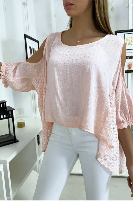 Roze blouse van de schouders met kant en zilverdraad - 4