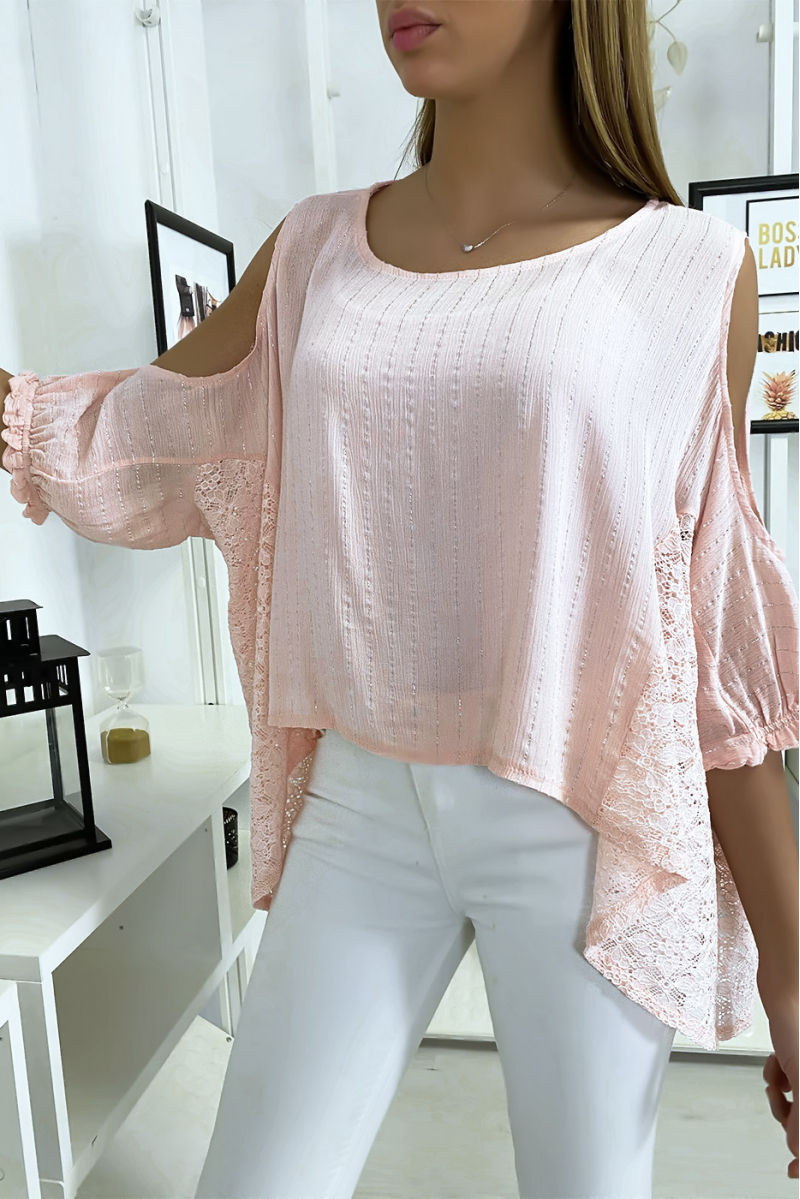 Pink blouse off the shoulders with lace and silver thread - 4