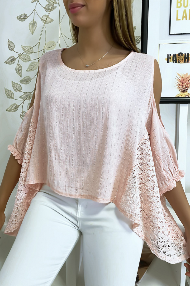 Roze blouse van de schouders met kant en zilverdraad - 2