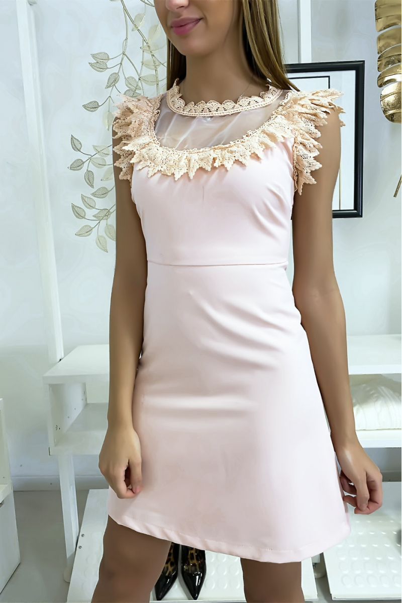 Pink dress with chiffon and lace at bust and collar. - 1