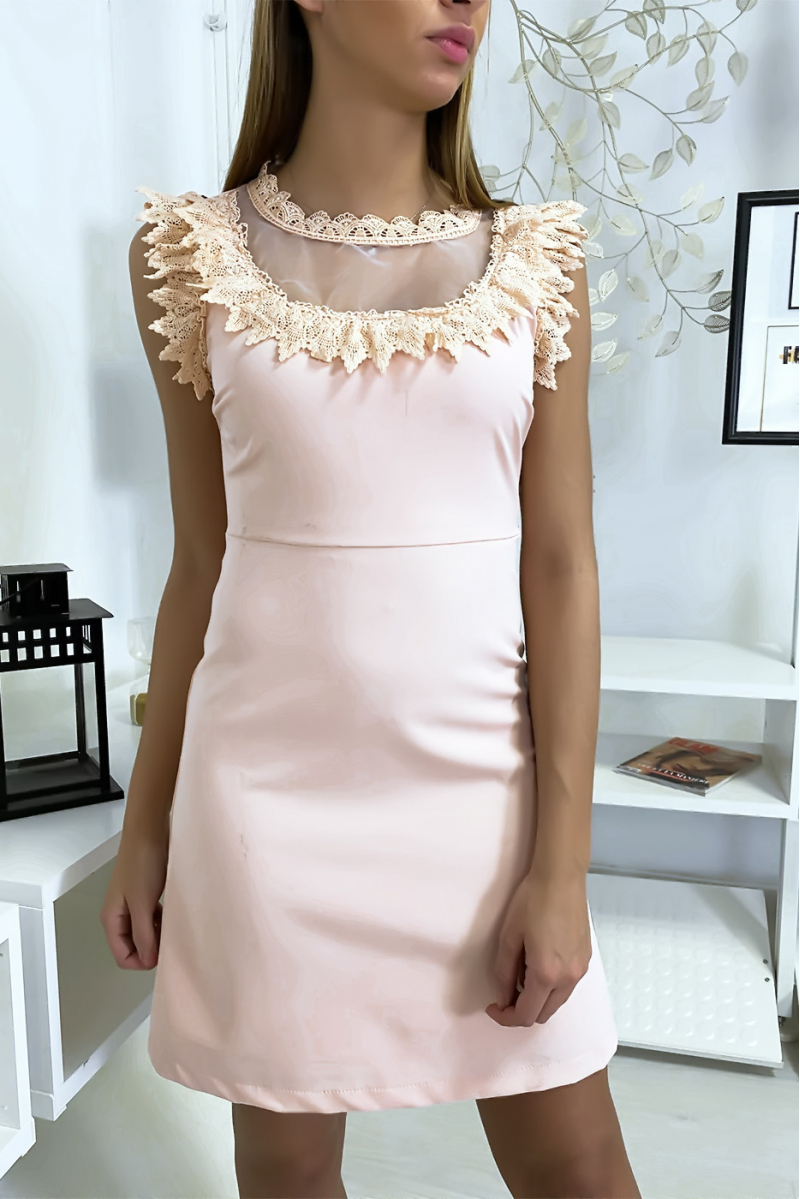 Pink dress with chiffon and lace at bust and collar. - 3