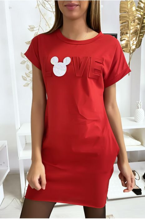 Robe t-shirt rouge avec écriture LOVE bombé - 1
