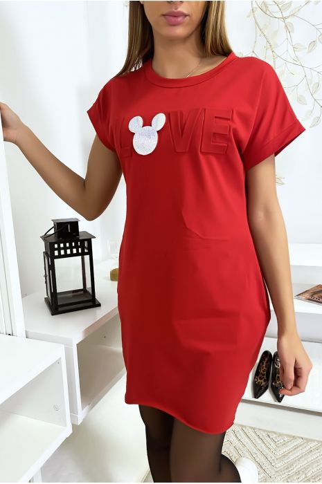 Robe t-shirt rouge avec écriture LOVE bombé - 2