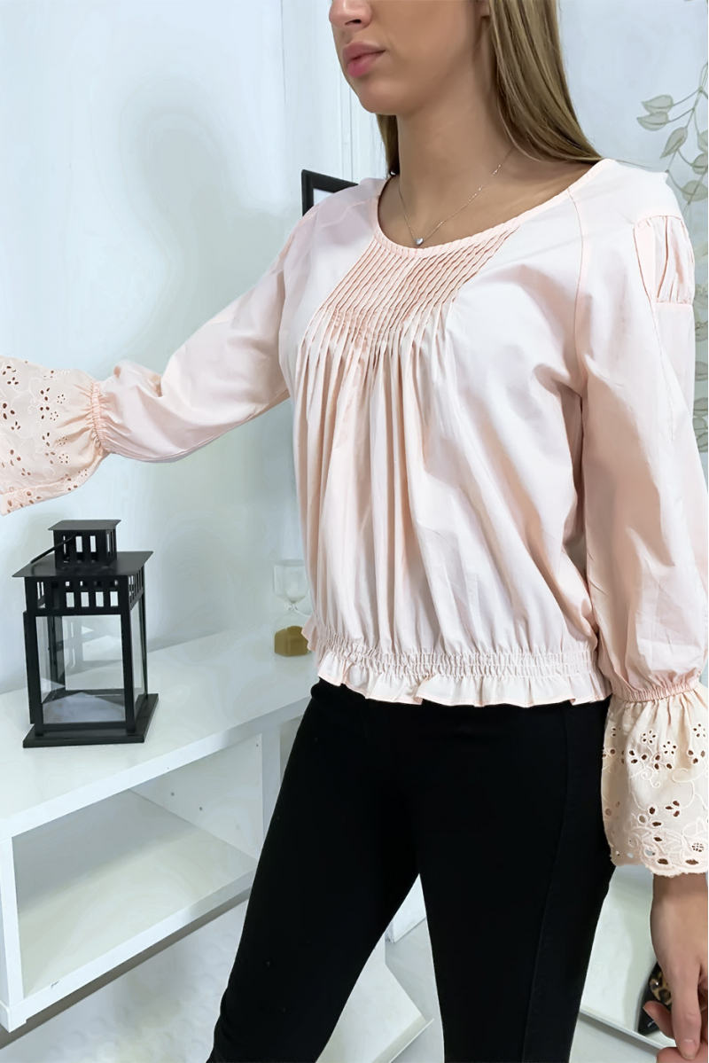 Pink pleated bust blouse with lace ruffle sleeves - 1