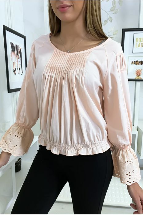 Roze geplooide buste blouse met kanten mouwen met ruches - 2