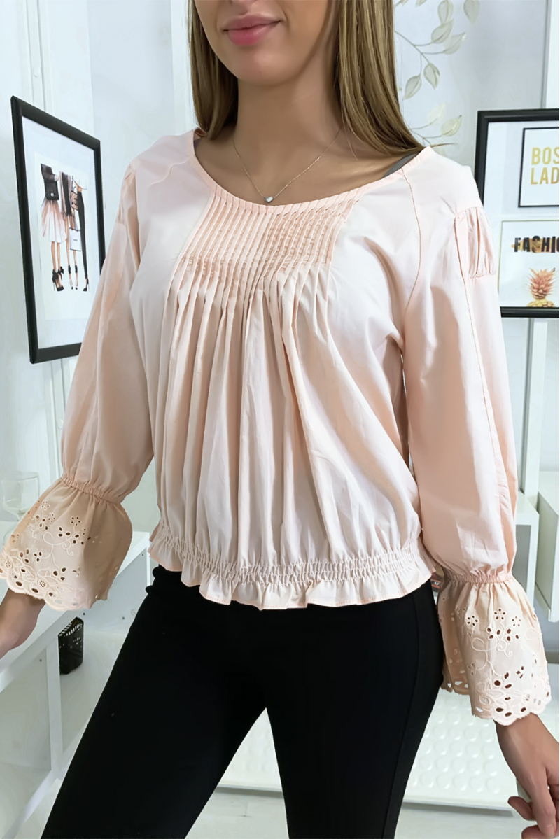 Pink pleated bust blouse with lace ruffle sleeves - 2
