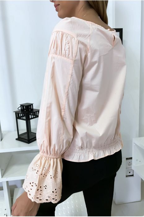 Pink pleated bust blouse with lace ruffle sleeves - 3