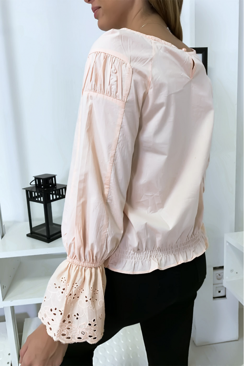 Roze geplooide buste blouse met kanten mouwen met ruches - 3