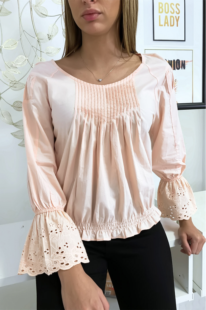 Roze geplooide buste blouse met kanten mouwen met ruches - 5