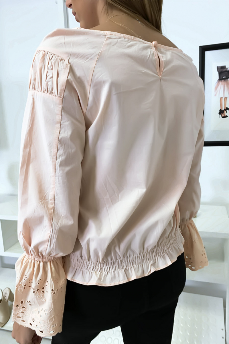Roze geplooide buste blouse met kanten mouwen met ruches - 6