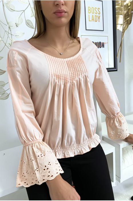 Roze geplooide buste blouse met kanten mouwen met ruches - 4