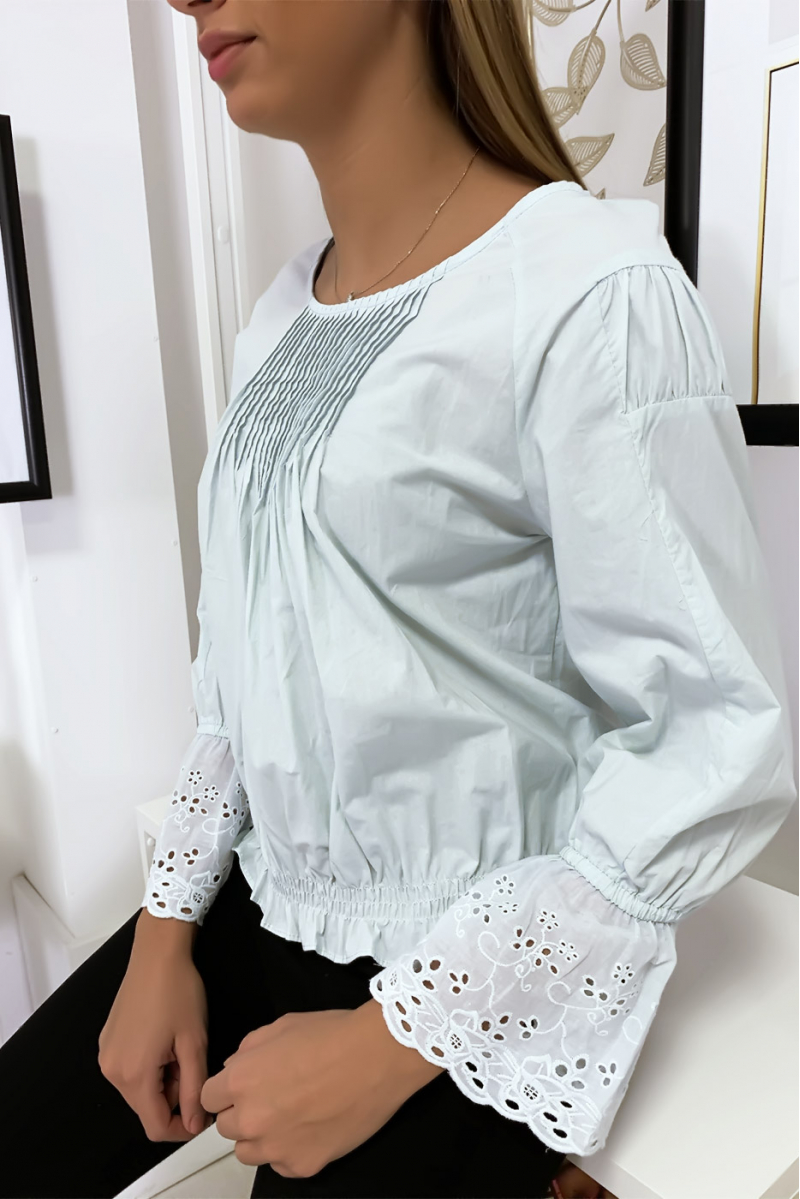 Blue pleated bust blouse with lace ruffle sleeves - 2