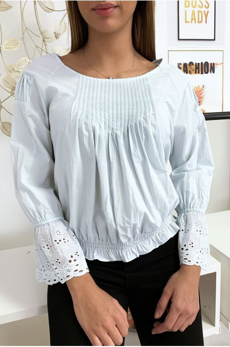 Blauwe geplooide buste blouse met kanten mouwen met ruches - 4