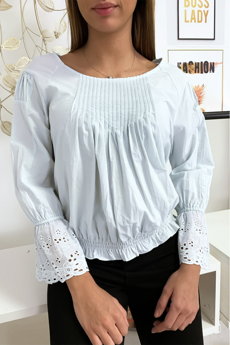 Blue pleated bust blouse with lace ruffle sleeves - 4