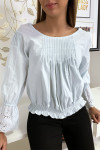 Blue pleated bust blouse with lace ruffle sleeves