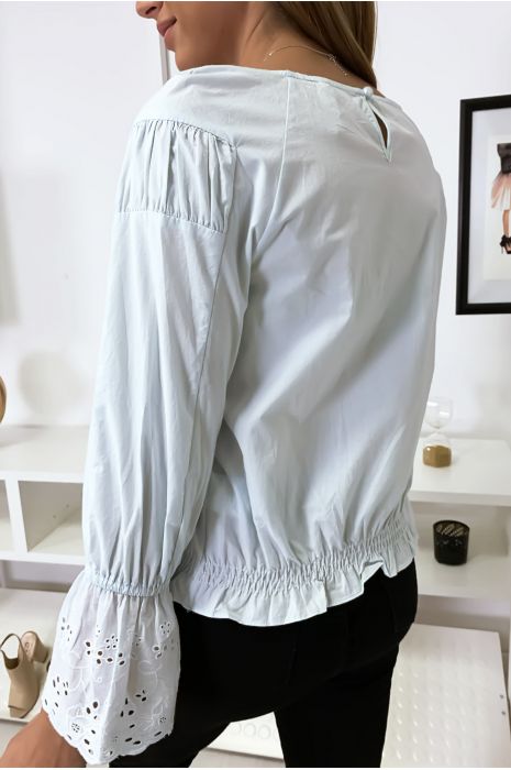 Blauwe geplooide buste blouse met kanten mouwen met ruches - 3