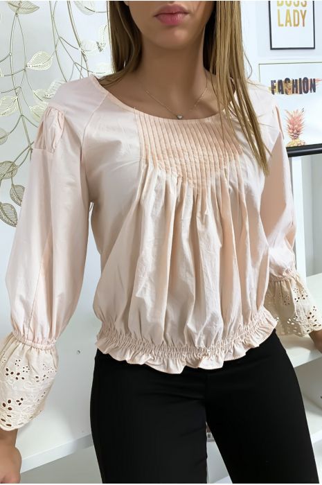 Pink pleated bust blouse with lace ruffle sleeves - 7