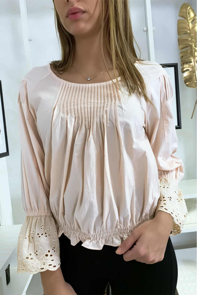 Roze geplooide buste blouse met kanten mouwen met ruches - 9