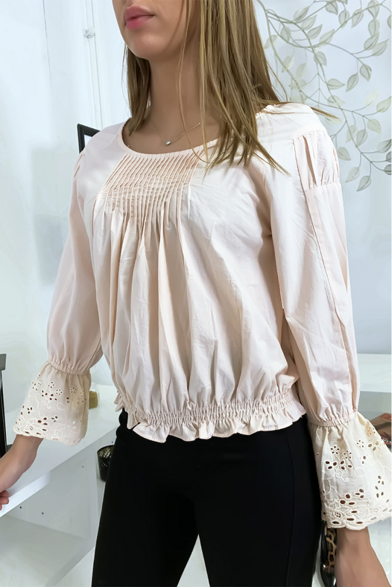 Pink pleated bust blouse with lace ruffle sleeves - 8