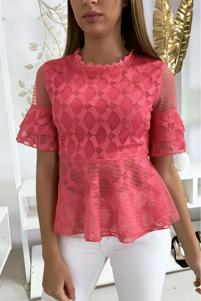 Fuchsia blouse with pretty lace and frill patterns - 1