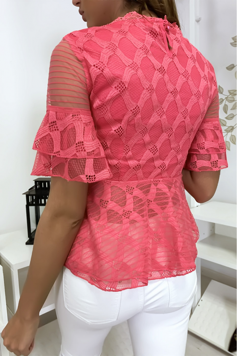 Fuchsia blouse with pretty lace and frill patterns - 4