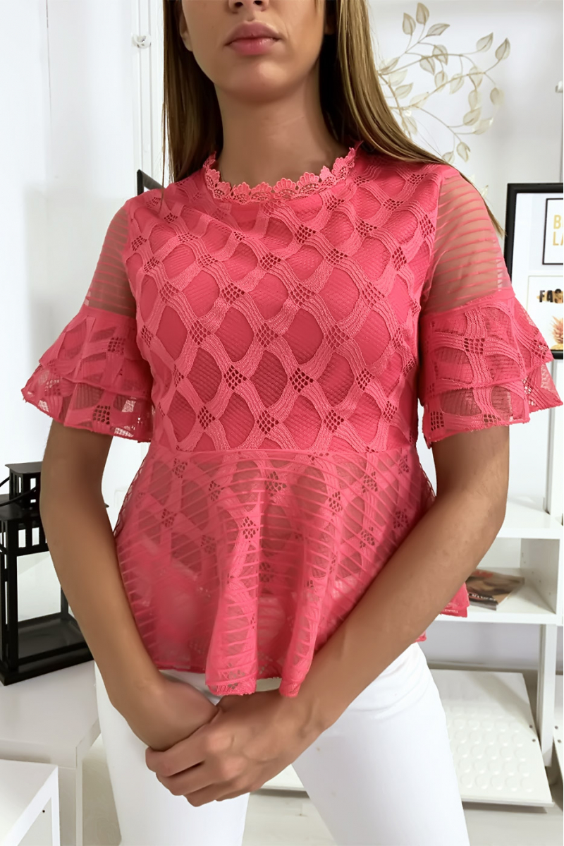 Fuchsia blouse with pretty lace and frill patterns - 3