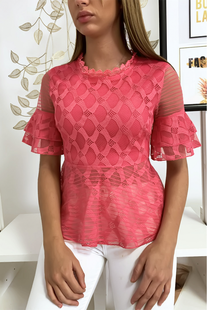 Fuchsia blouse with pretty lace and frill patterns - 6