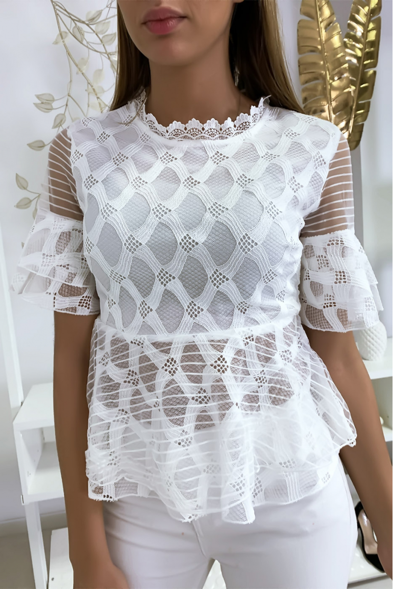 White blouse with pretty lace patterns and flounce - 1