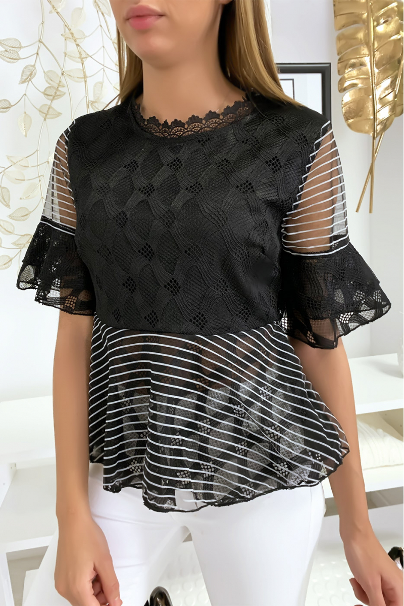 Black blouse with pretty lace patterns and flounce - 2