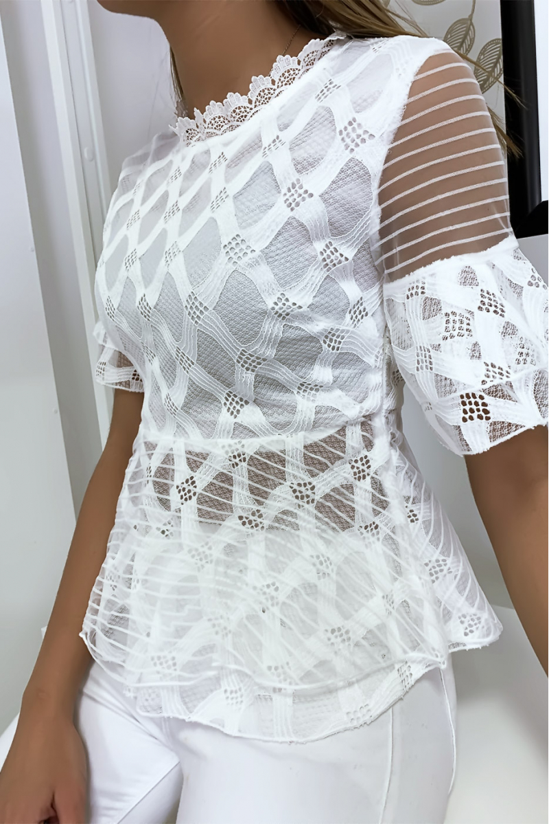 White blouse with pretty lace patterns and flounce - 5