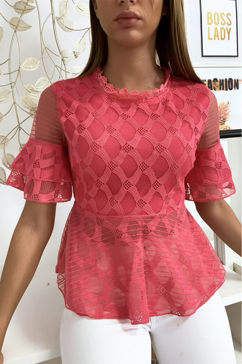 Fuchsia blouse with pretty lace and frill patterns - 5