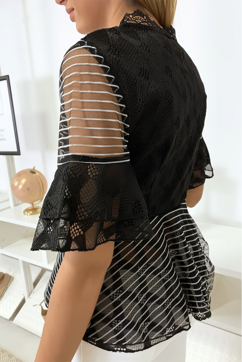 Black blouse with pretty lace patterns and flounce - 5