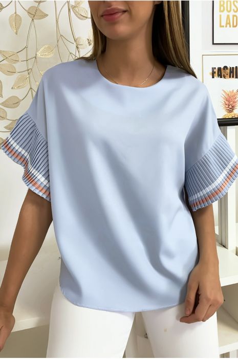 Blouse très chic en bleu ciel coupe ample avec plissé aux manches - 3