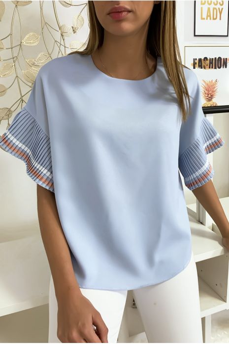 Blouse très chic en bleu ciel coupe ample avec plissé aux manches - 4