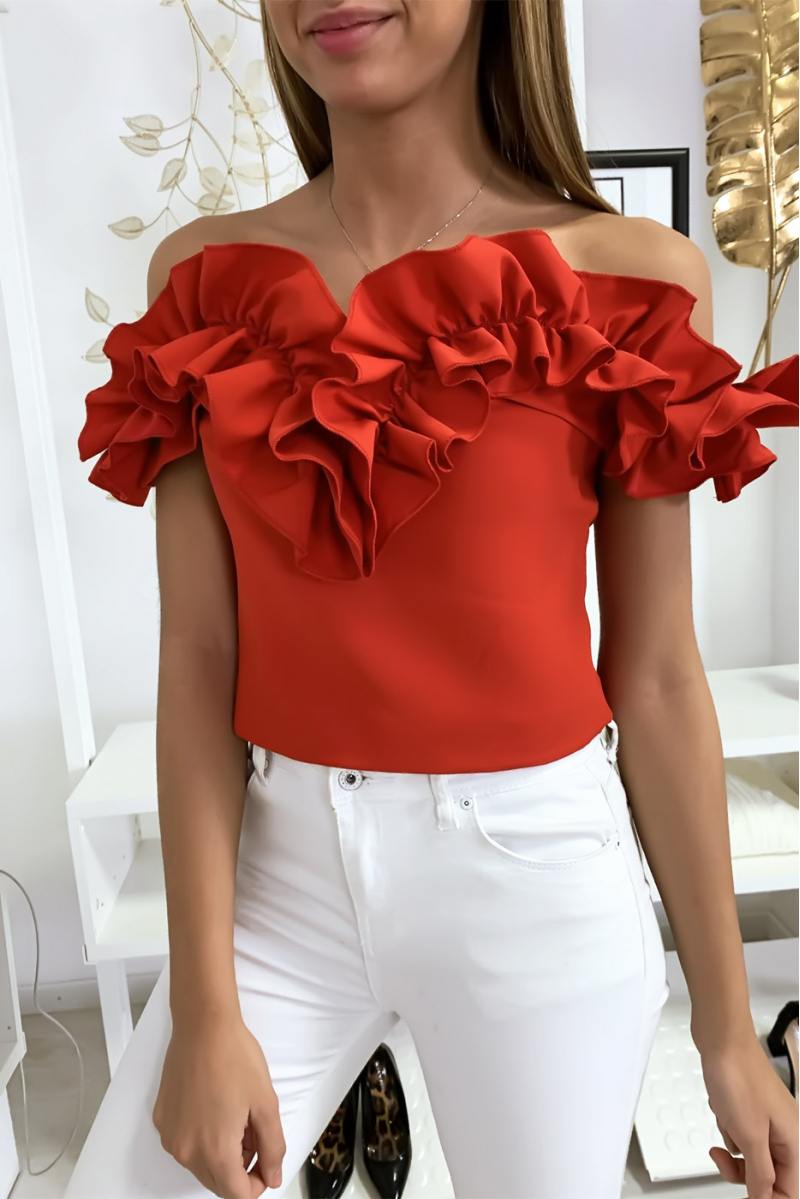 Red top with dropped collar and frills - 1
