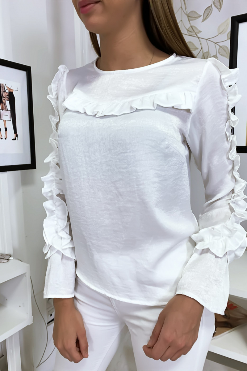 White blouse in shiny material with frills at the bust and sleeves - 6