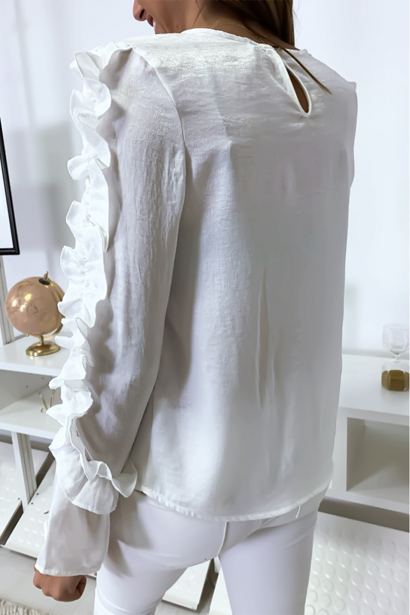 White blouse in shiny material with frills at the bust and sleeves - 5