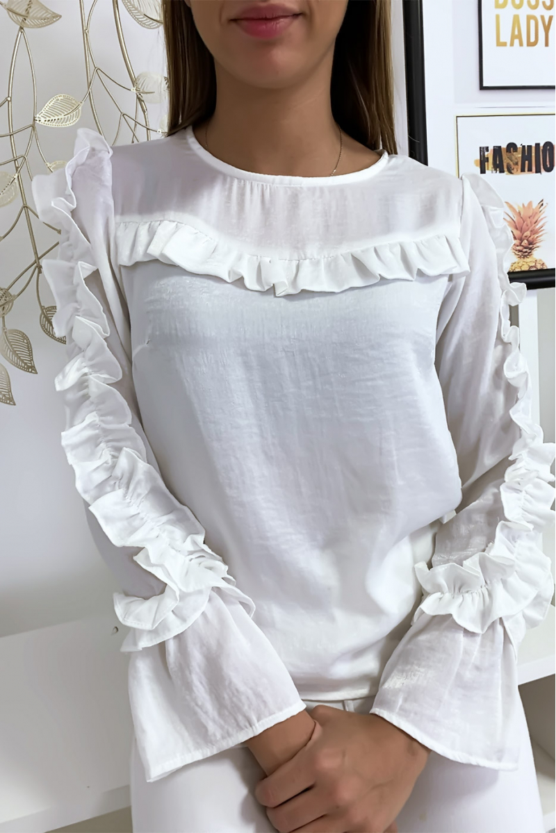 White blouse in shiny material with frills at the bust and sleeves - 4