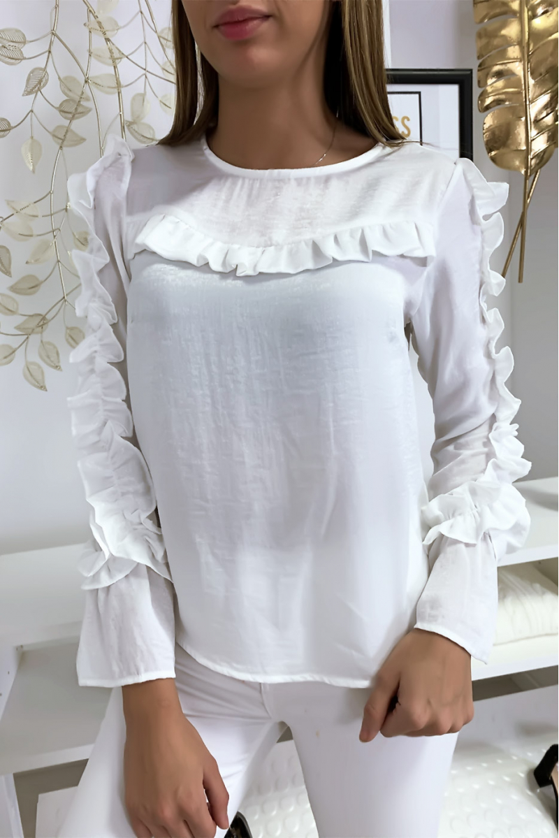 White blouse in shiny material with frills at the bust and sleeves - 2
