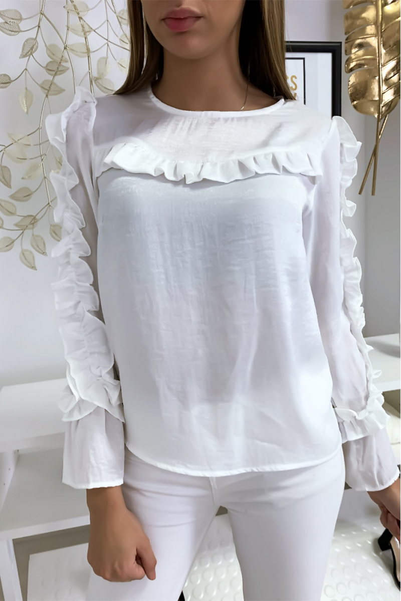 White blouse in shiny material with frills at the bust and sleeves - 1